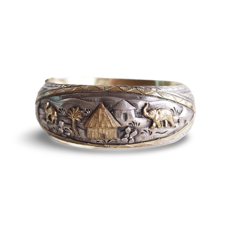 Vintage African Elephant Village Hinged Cuff Bracelet Mixed Metal Tribal Boho